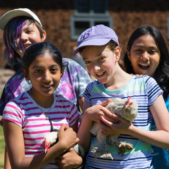 Kids holding chickens in the farmyard