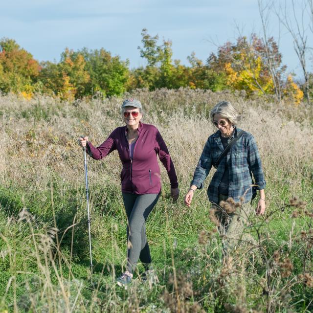 Two women walking in a meadow